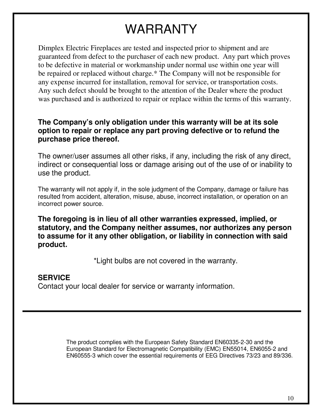 Dimplex BF series manual Warranty, Service 