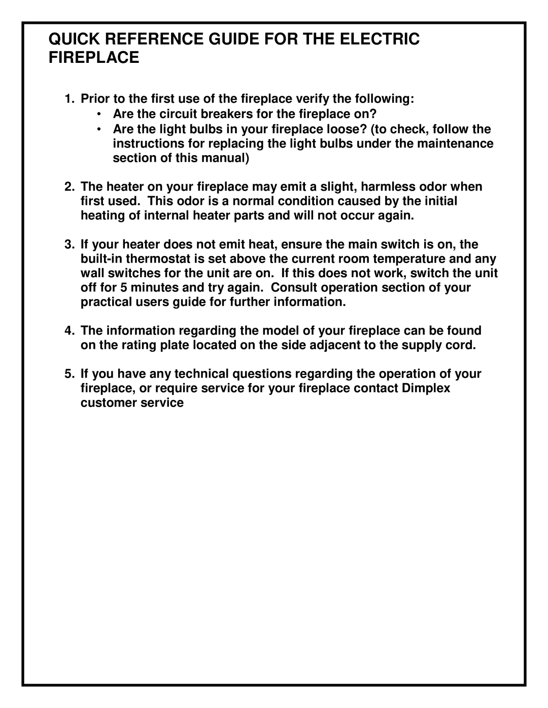 Dimplex BF series manual Quick Reference Guide for the Electric Fireplace 