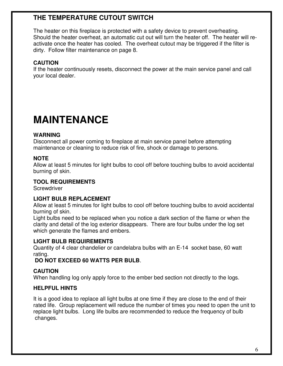 Dimplex BF series manual Maintenance, Temperature Cutout Switch 