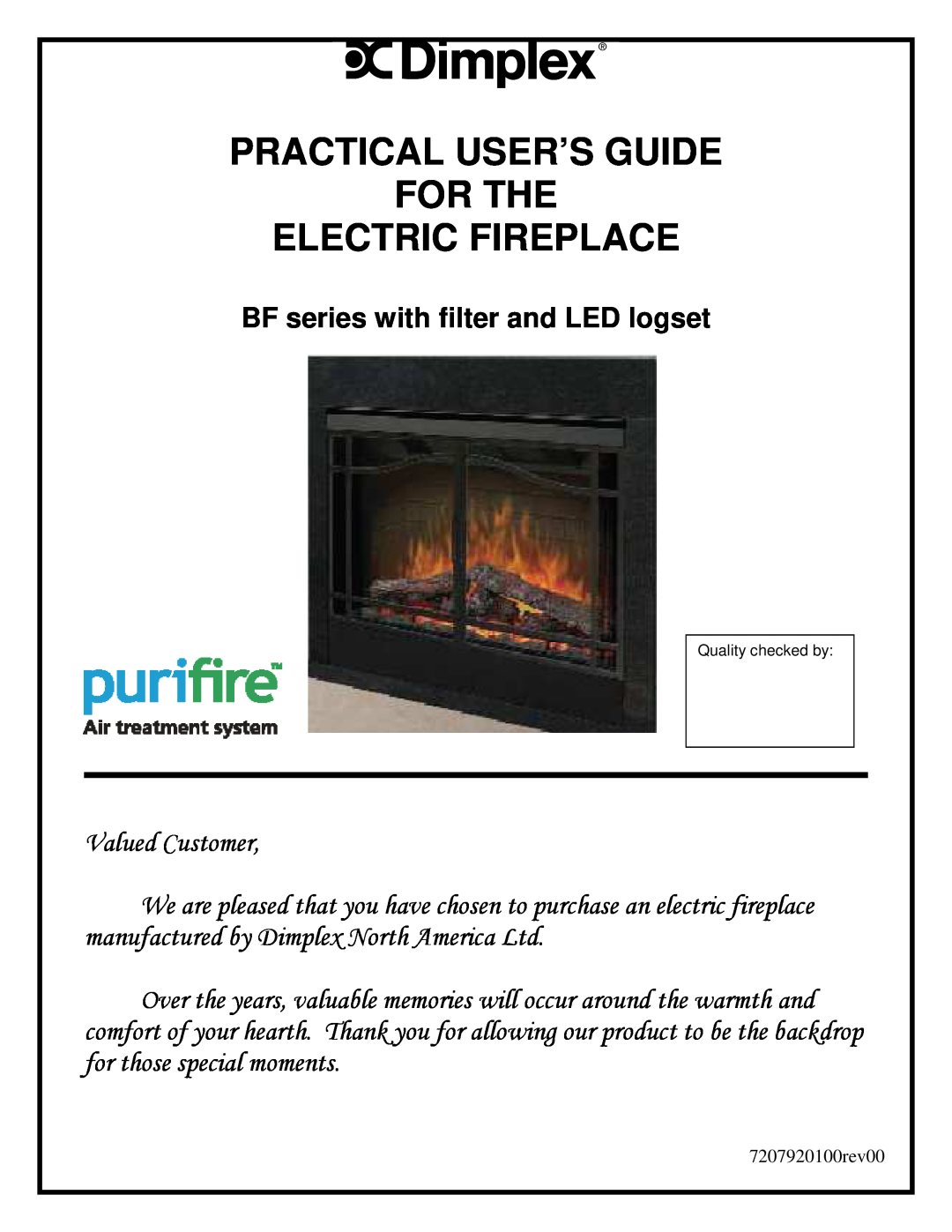 Dimplex manual BF series with filter and LED logset, Practical User’S Guide For The Electric Fireplace 