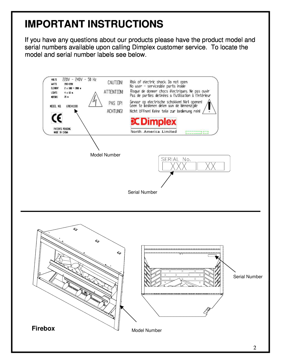 Dimplex BF series manual Important Instructions, Firebox 