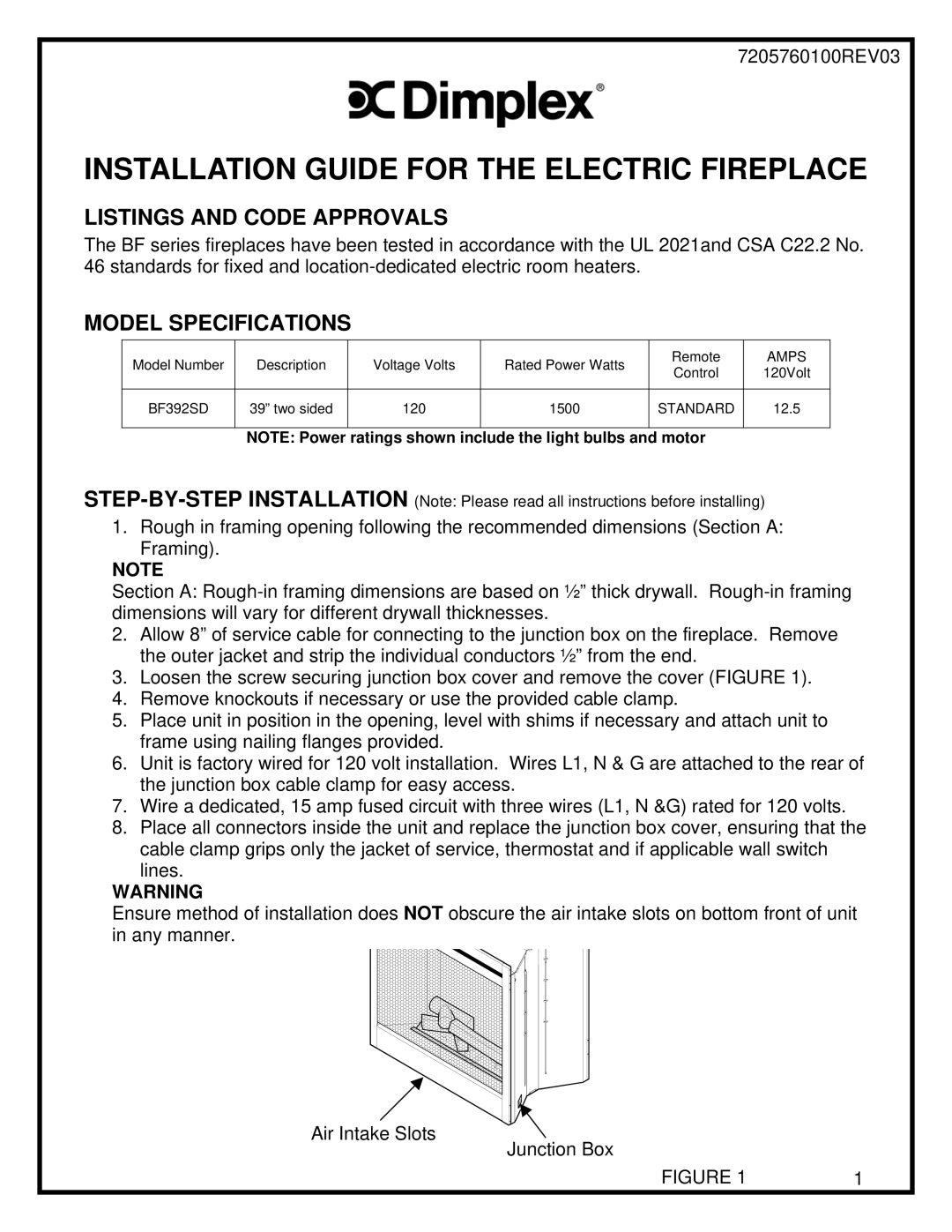 Dimplex BF392SD specifications Listings and Code Approvals, Model Specifications 