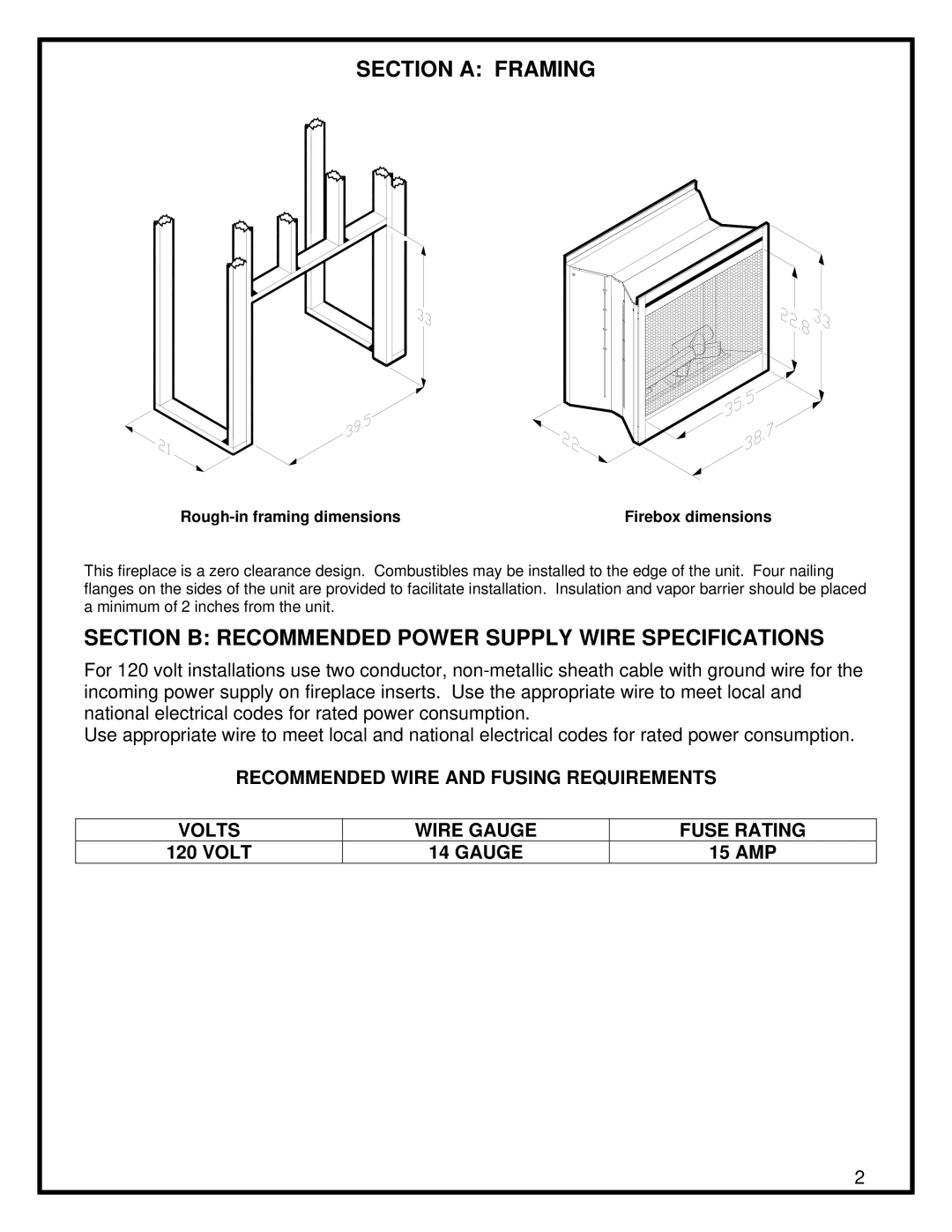 Dimplex BF392SD specifications Section a Framing, Section B Recommended Power Supply Wire Specifications 