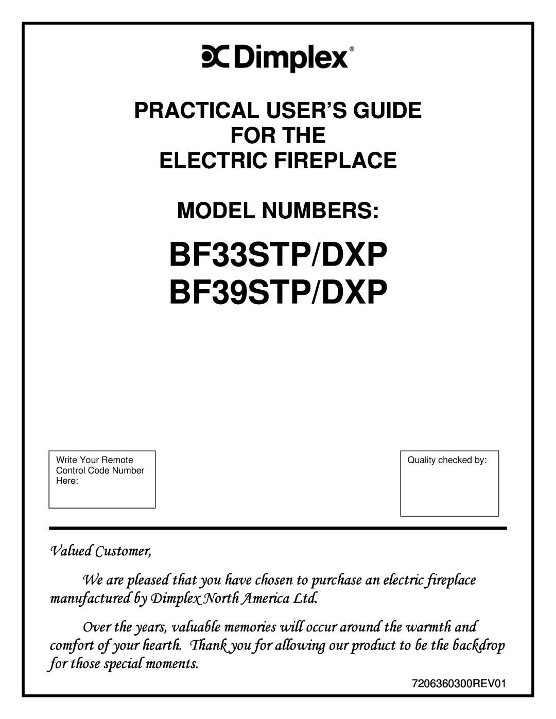 Dimplex manual BF33STP/DXP BF39STP/DXP, Practical User’S Guide For The Electric Fireplace, Model Numbers 