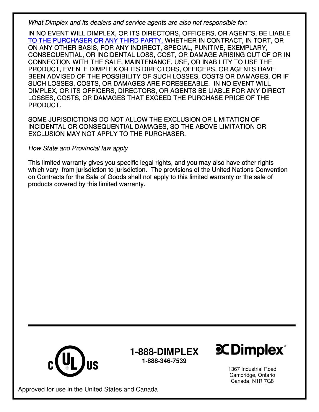 Dimplex BF33STP/DXP, BF39STP/DXP manual Dimplex, How State and Provincial law apply 