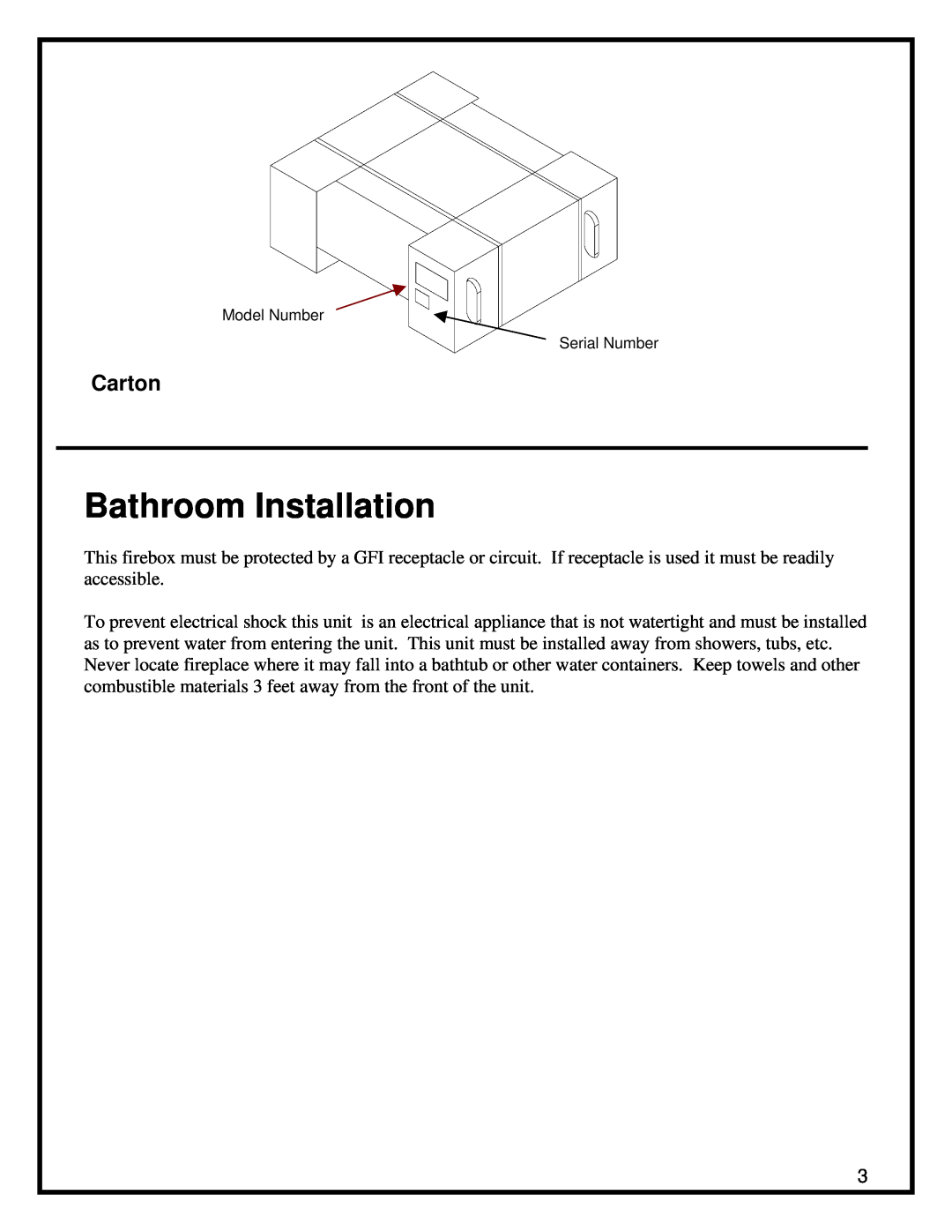 Dimplex BF39STP/DXP, BF33STP/DXP manual Bathroom Installation, Carton 