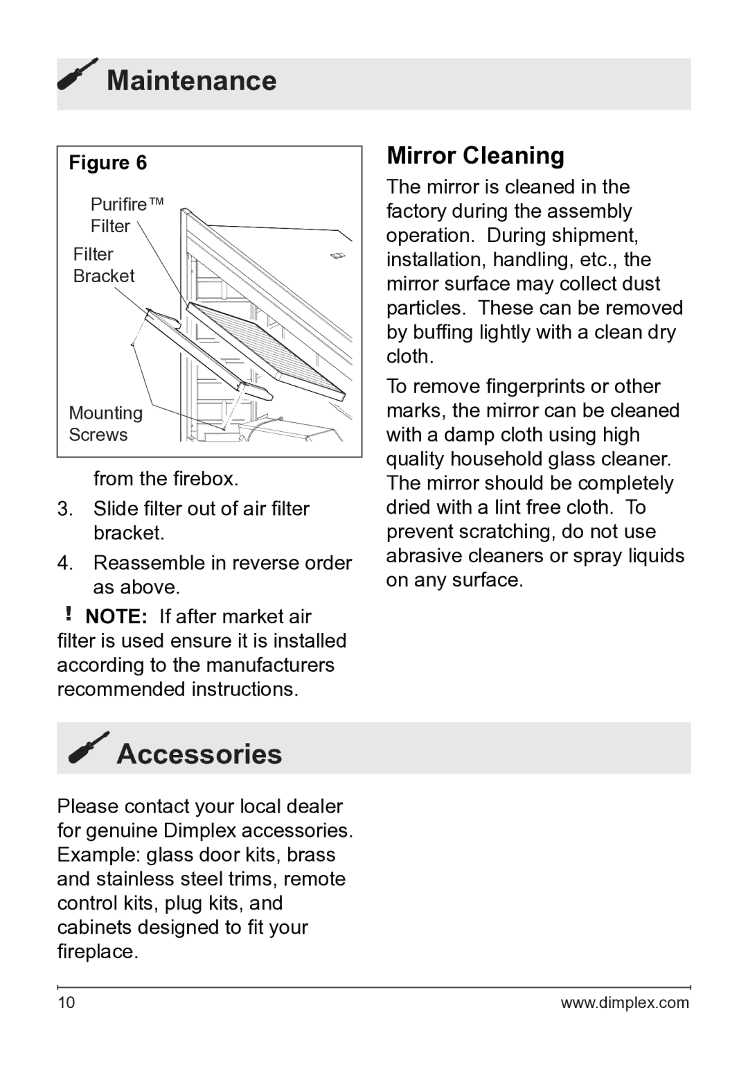 Dimplex BF45DXP owner manual Accessories, Mirror Cleaning 