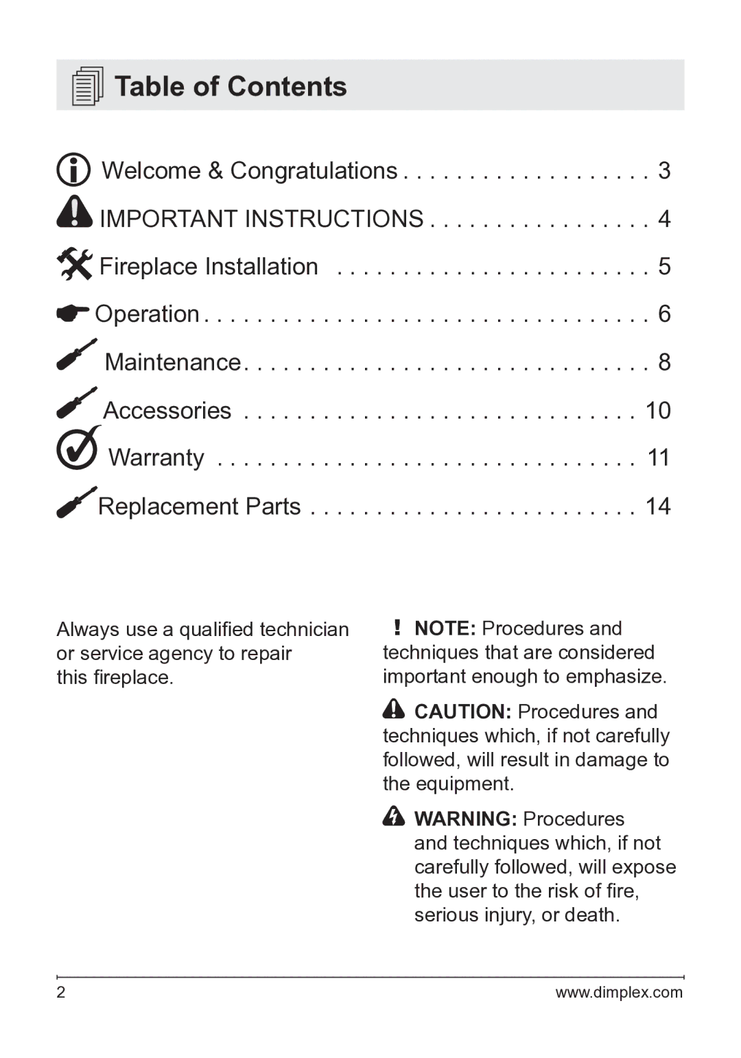 Dimplex BF45DXP owner manual Table of Contents 