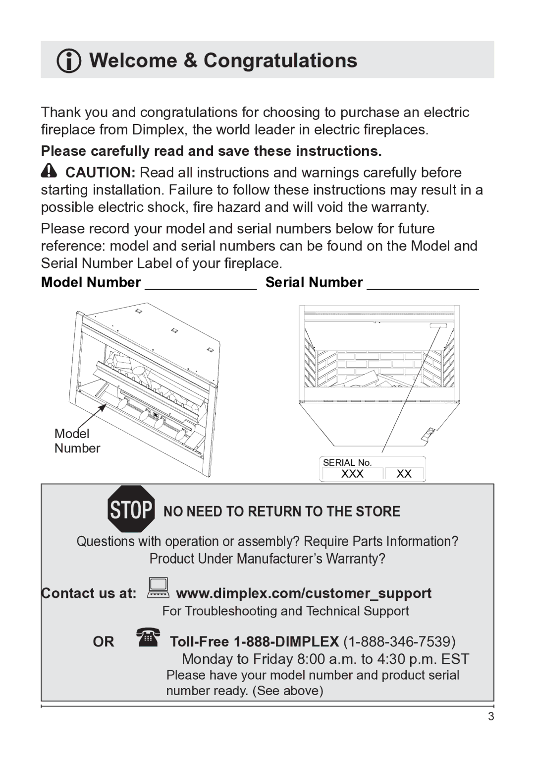 Dimplex BF45DXP owner manual Welcome & Congratulations, Please carefully read and save these instructions 