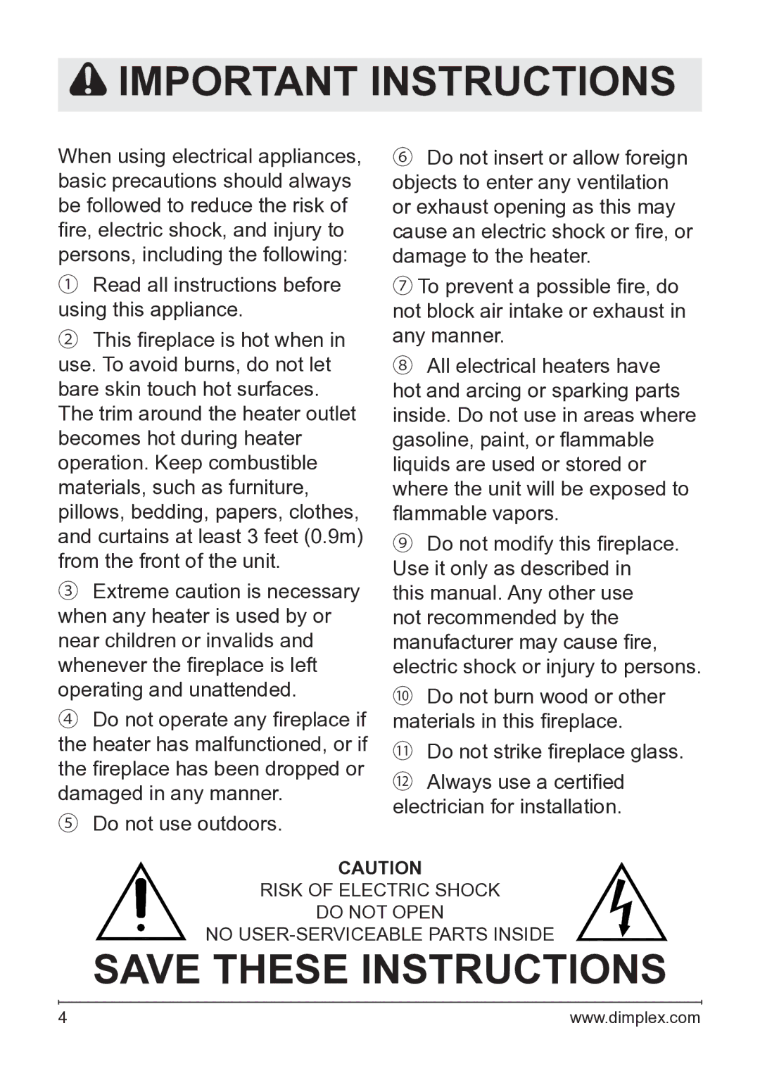 Dimplex BF45DXP owner manual Important Instructions 