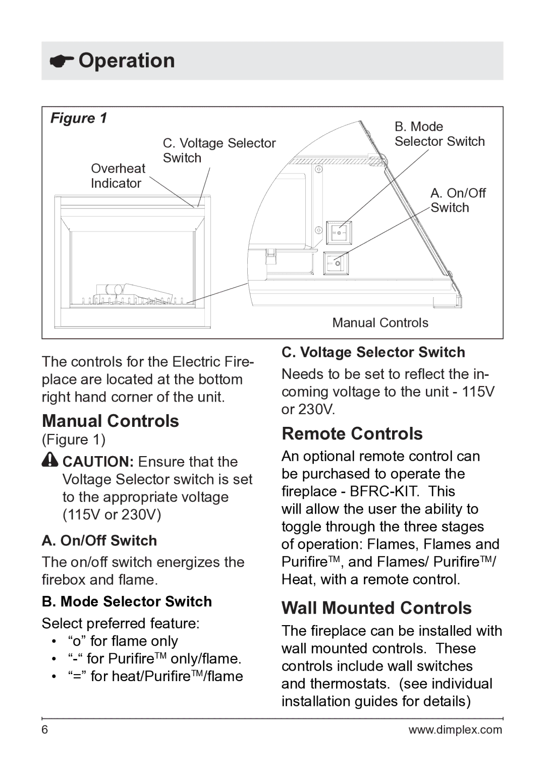 Dimplex BF45DXP owner manual Operation, Manual Controls, Remote Controls, Wall Mounted Controls 