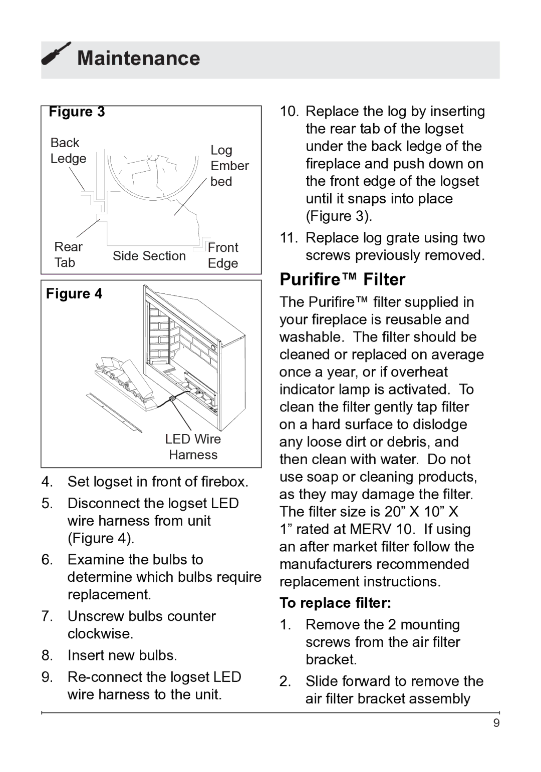 Dimplex BF45DXP owner manual Maintenance, Purifire Filter, To replace filter 