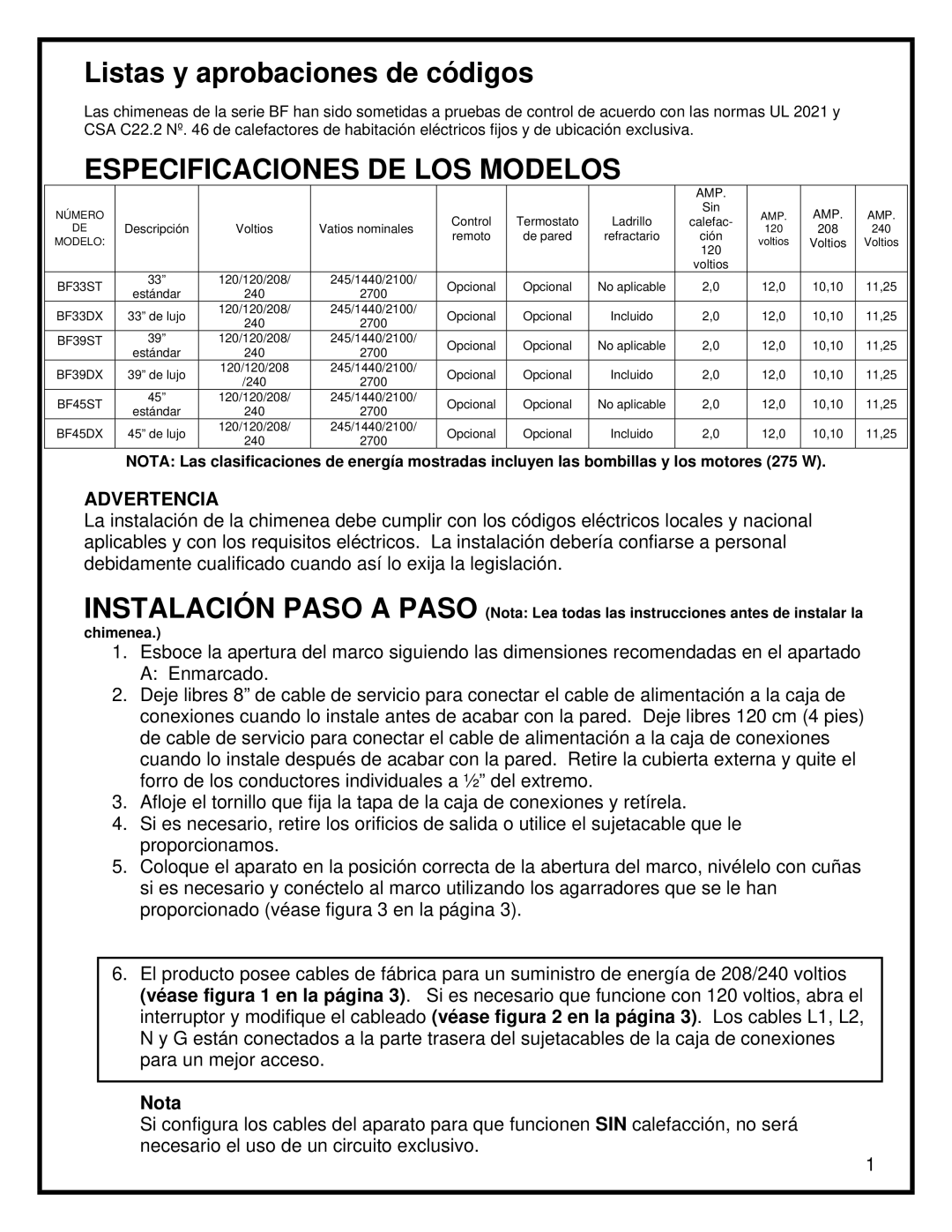 Dimplex BF45ST/DX manual Especificaciones DE LOS Modelos 