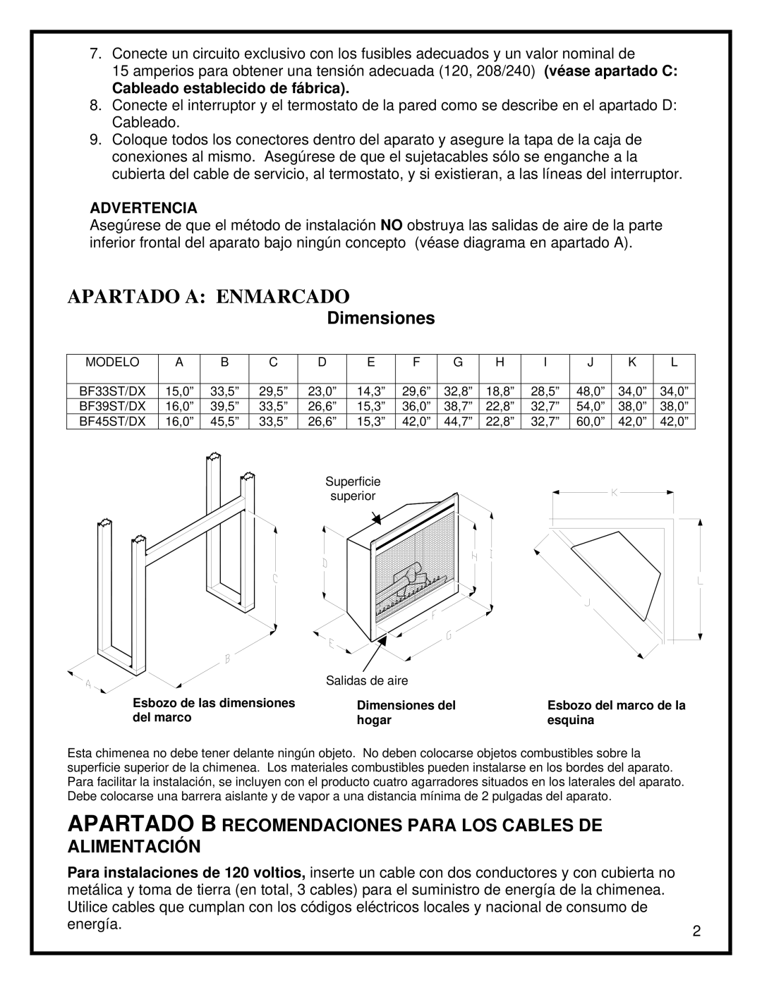 Dimplex BF45ST/DX manual Apartado B Recomendaciones Para LOS Cables DE Alimentación, Cableado establecido de fábrica 