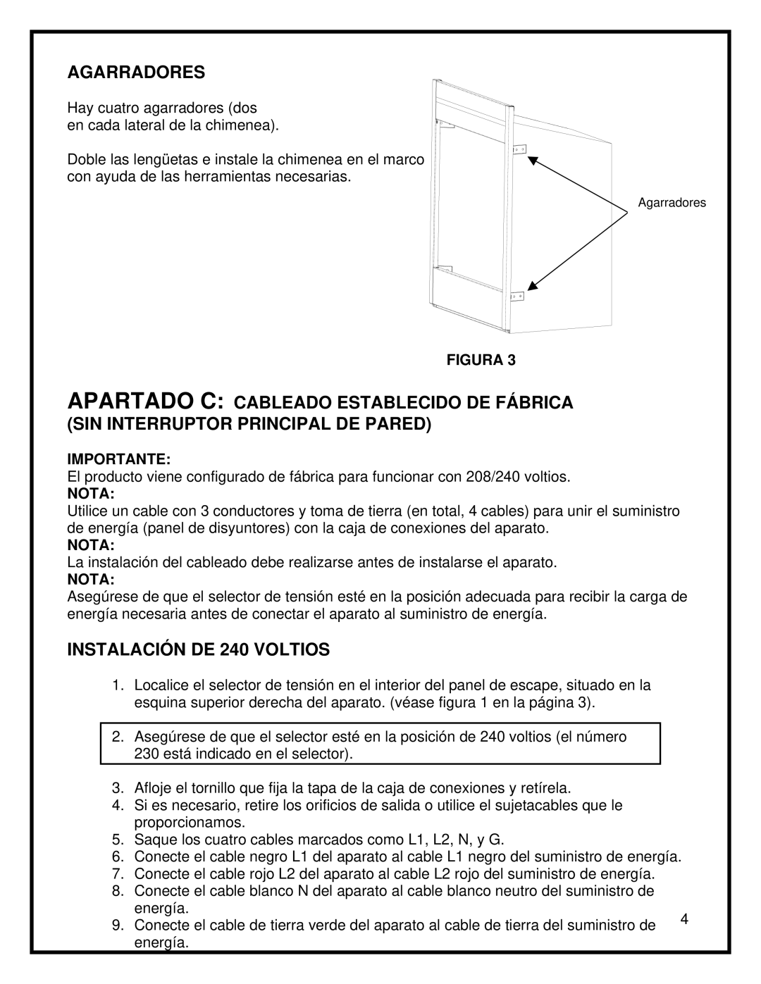 Dimplex BF45ST/DX manual Agarradores, Instalación DE 240 Voltios 