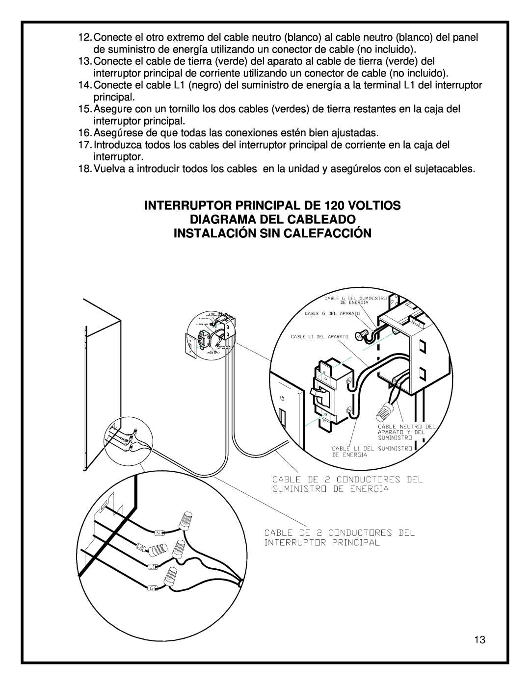 Dimplex BF45ST/DX manual Diagrama Del Cableado Instalación Sin Calefacción, INTERRUPTOR PRINCIPAL DE 120 VOLTIOS 