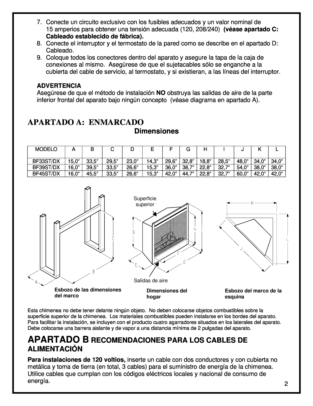 Dimplex BF45ST/DX manual Dimensiones, Apartado A Enmarcado 