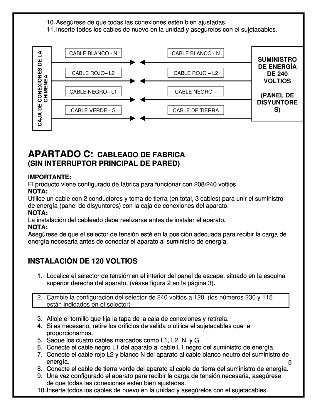Dimplex BF45ST/DX manual INSTALACIÓN DE 120 VOLTIOS, Panel De Disyuntore S, Importante, Nota 