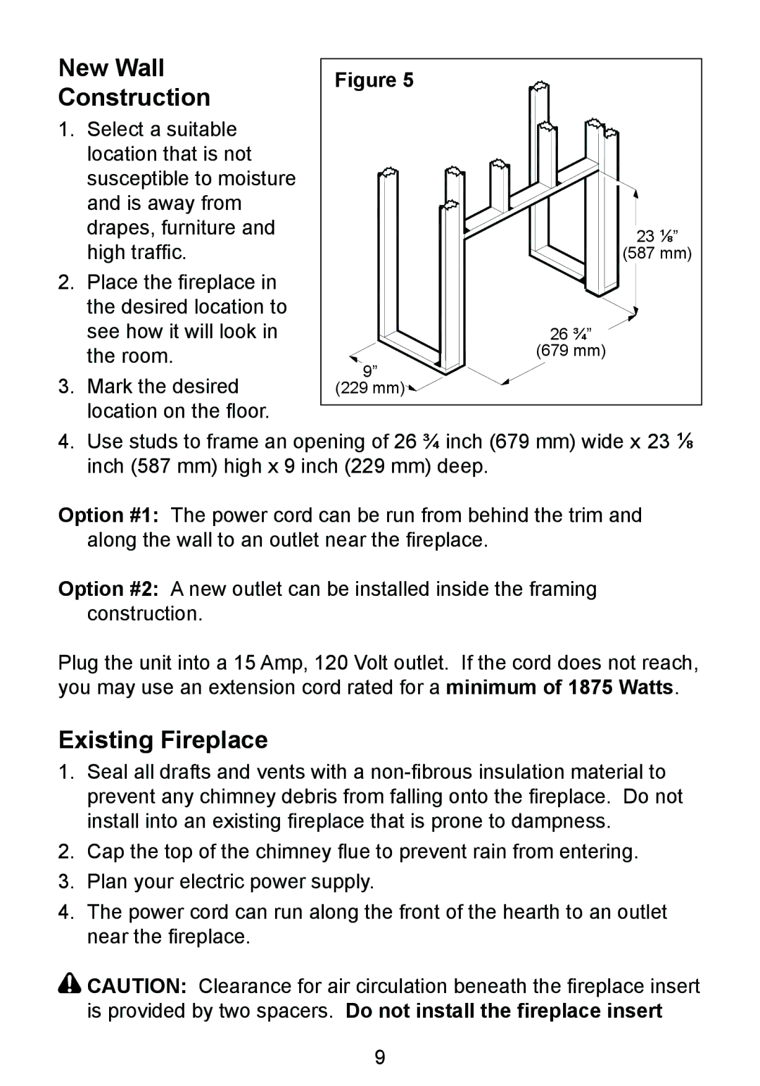 Dimplex BF8000ST owner manual New Wall Construction, Existing Fireplace 