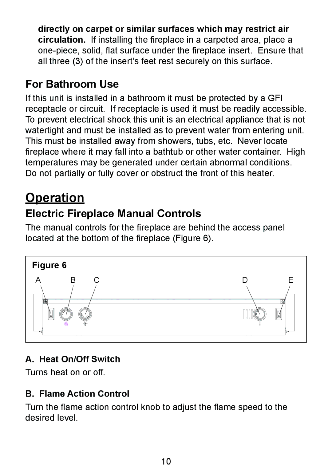 Dimplex BF8000ST owner manual Operation, For Bathroom Use, Electric Fireplace Manual Controls 