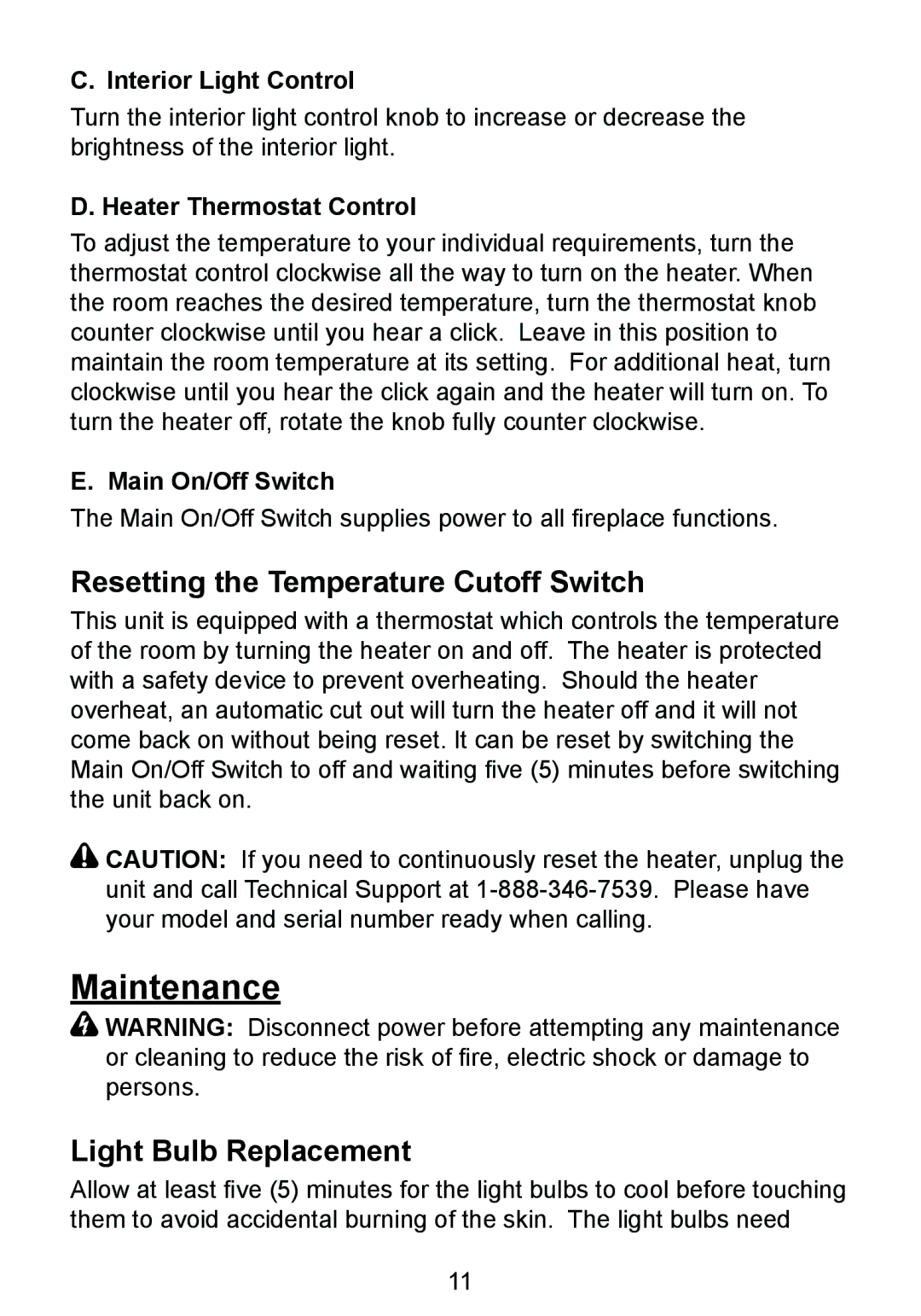 Dimplex BF8000ST owner manual Maintenance, Resetting the Temperature Cutoff Switch, Light Bulb Replacement 