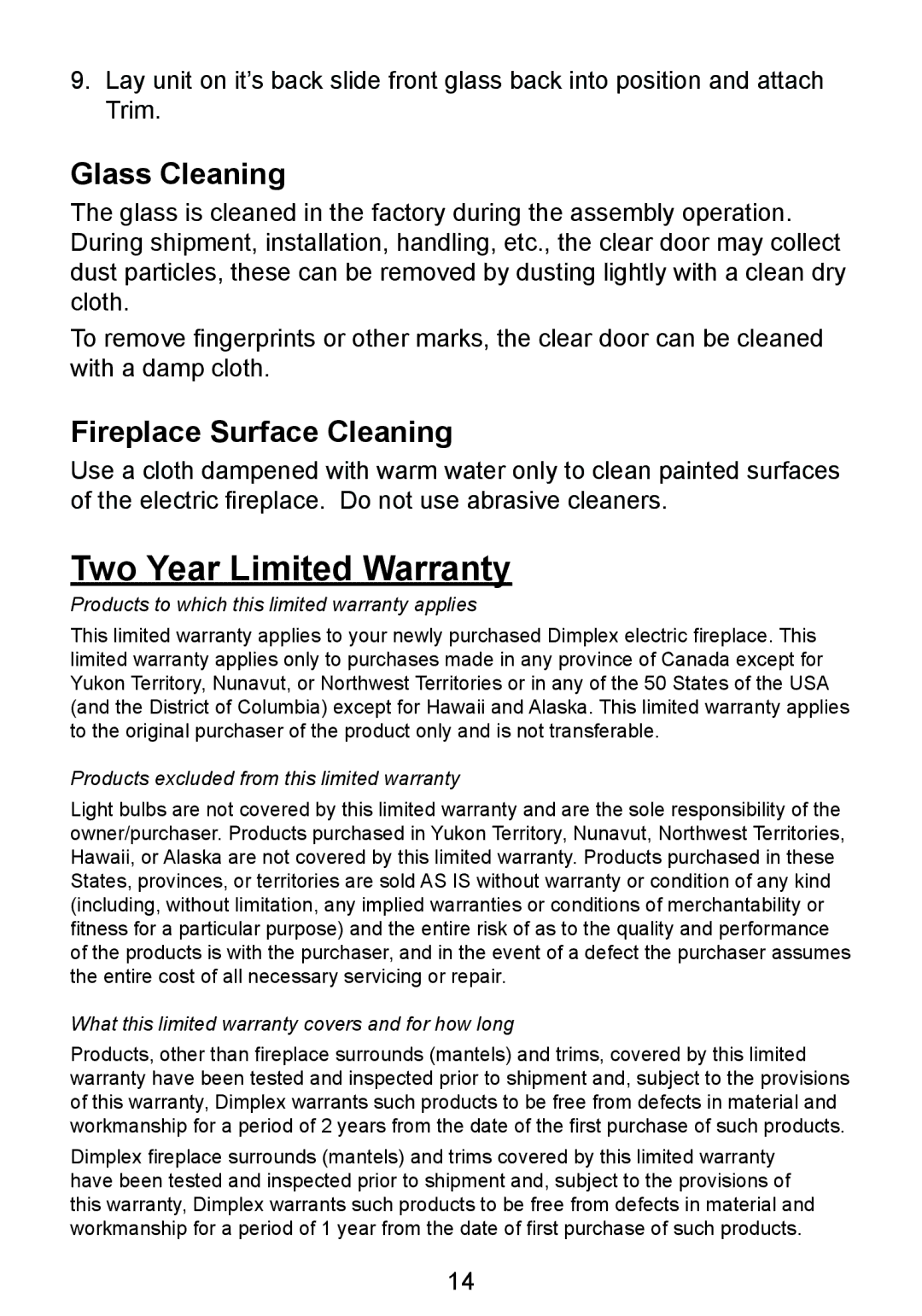 Dimplex BF8000ST owner manual Two Year Limited Warranty, Glass Cleaning, Fireplace Surface Cleaning 