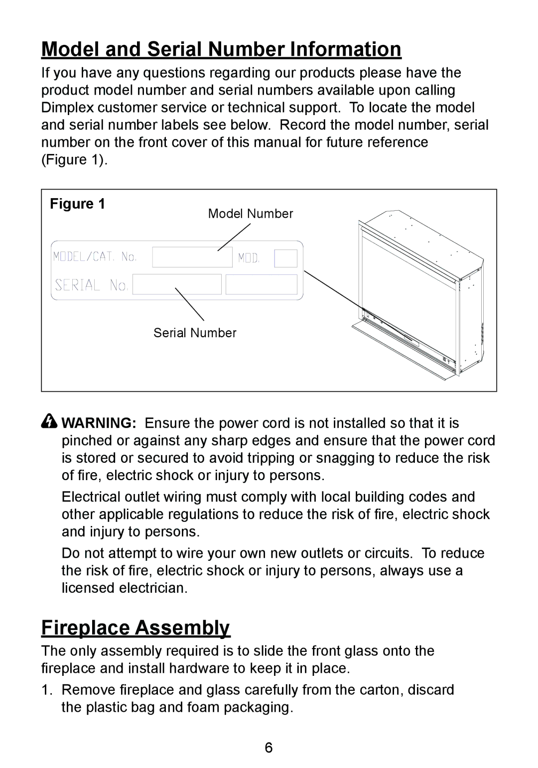 Dimplex BF8000ST owner manual Model and Serial Number Information, Fireplace Assembly 