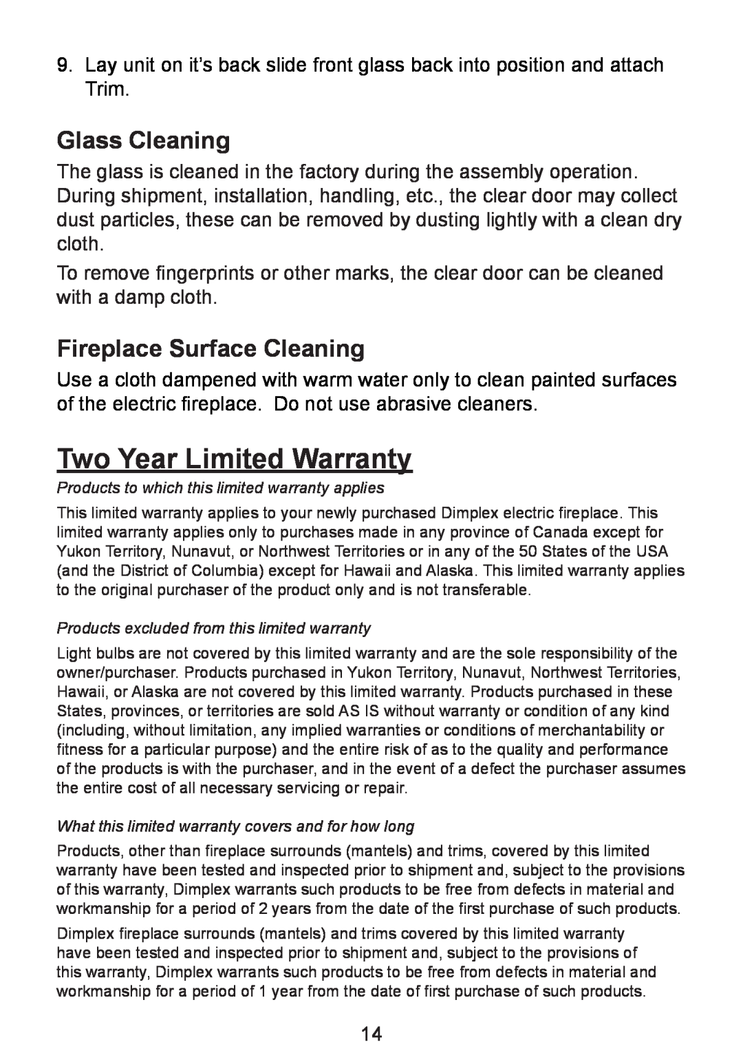Dimplex BF8000ST owner manual Two Year Limited Warranty, Glass Cleaning, Fireplace Surface Cleaning 