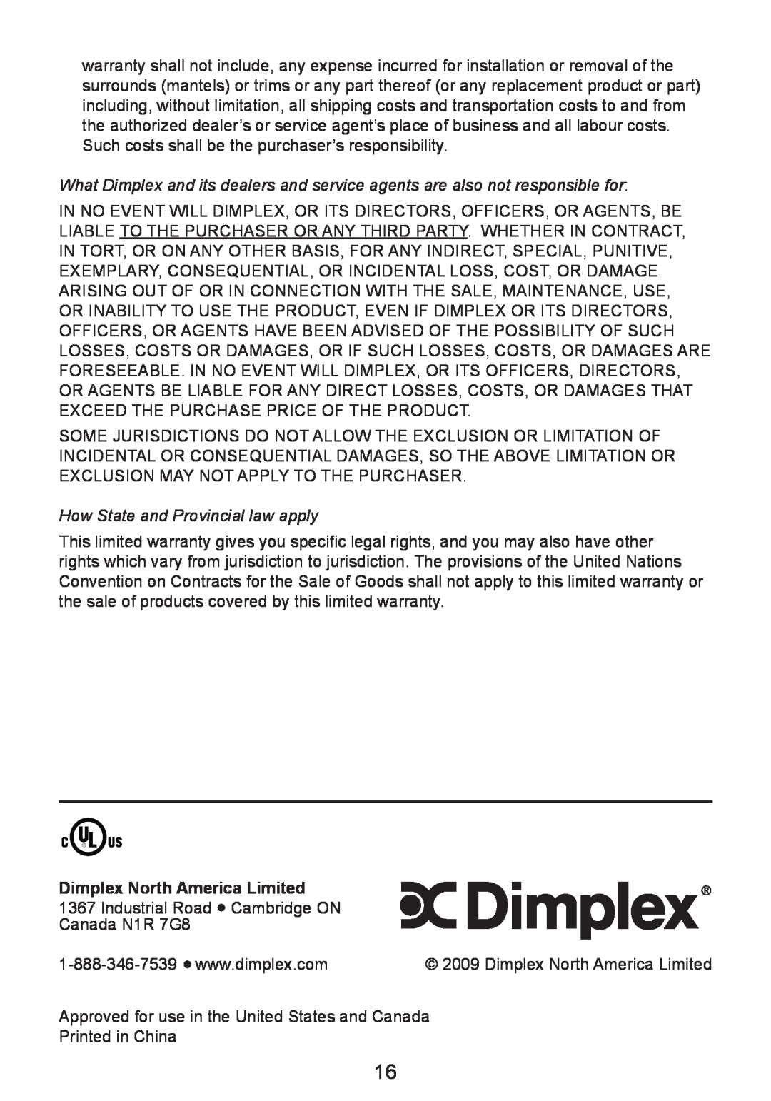 Dimplex BF8000ST owner manual How State and Provincial law apply, Dimplex North America Limited 
