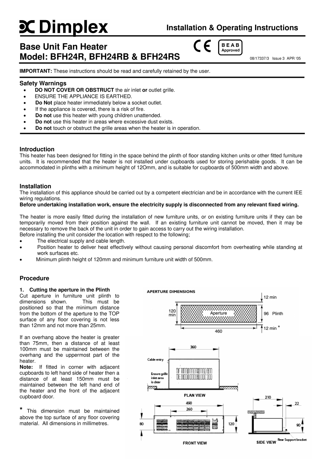 Dimplex BFH24RB, BFH24RS, BFH24R dimensions Safety Warnings, Introduction, Installation, Procedure 