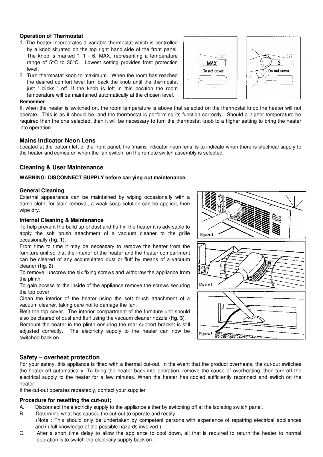 Dimplex BFH24RB, BFH24RS, BFH24R Mains Indicator Neon Lens, Cleaning & User Maintenance, Safety overheat protection 