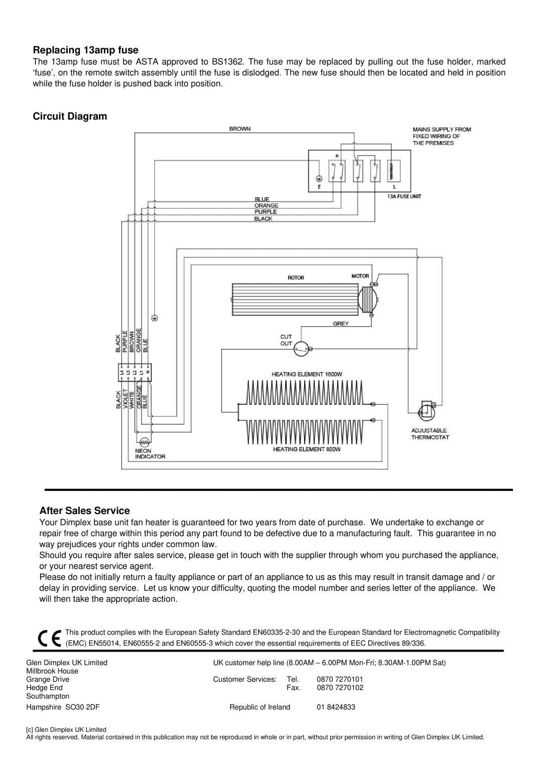 Dimplex BFH24RB, BFH24RS, BFH24R dimensions Replacing 13amp fuse, Circuit Diagram After Sales Service 