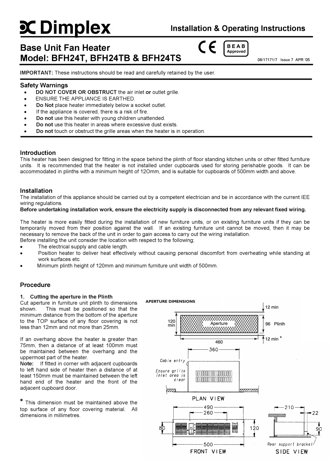 Dimplex BFH24TB, BFH24TS, BFH24T dimensions Safety Warnings, Introduction, Installation, Procedure 