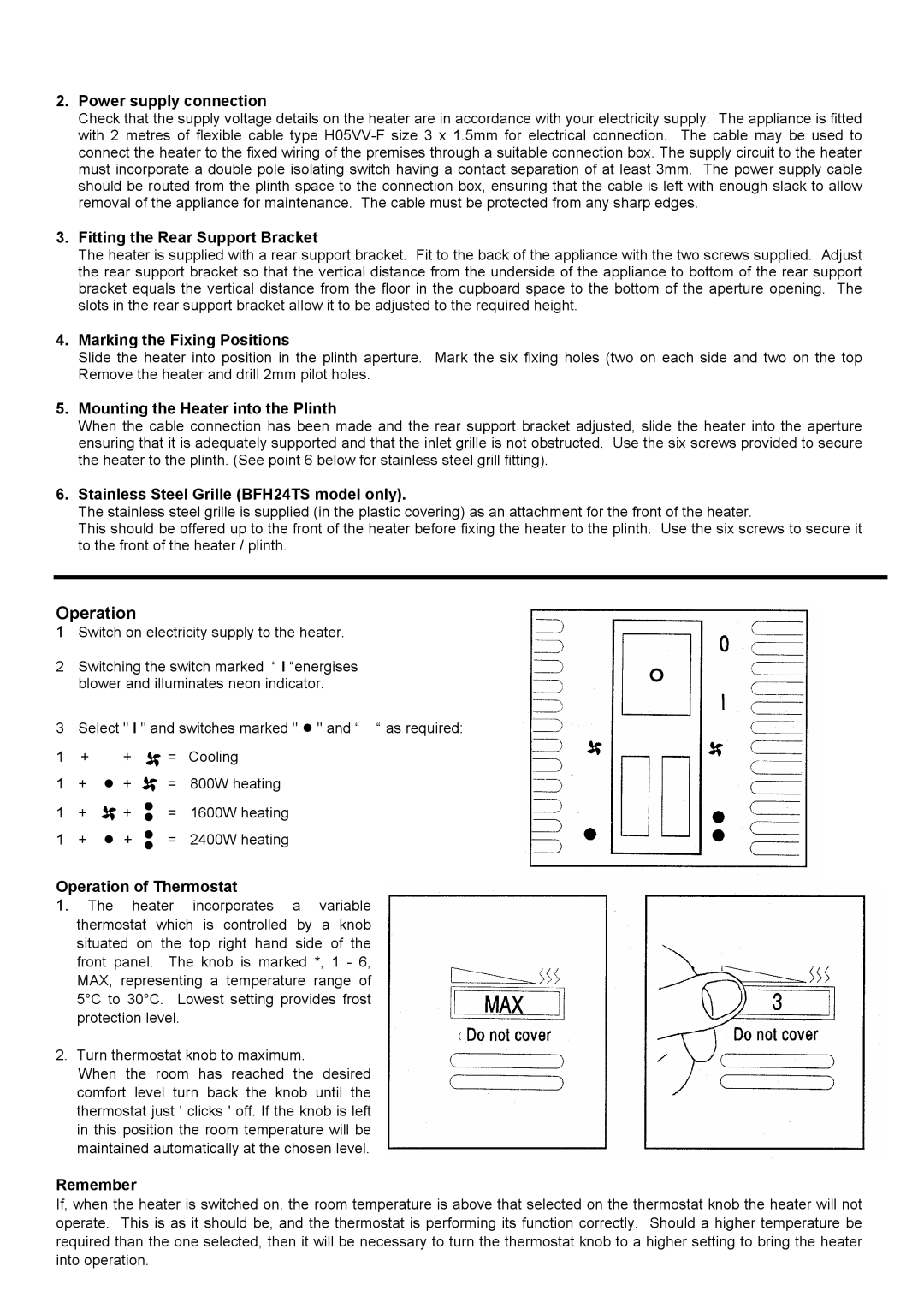 Dimplex BFH24TB, BFH24TS, BFH24T dimensions Operation 