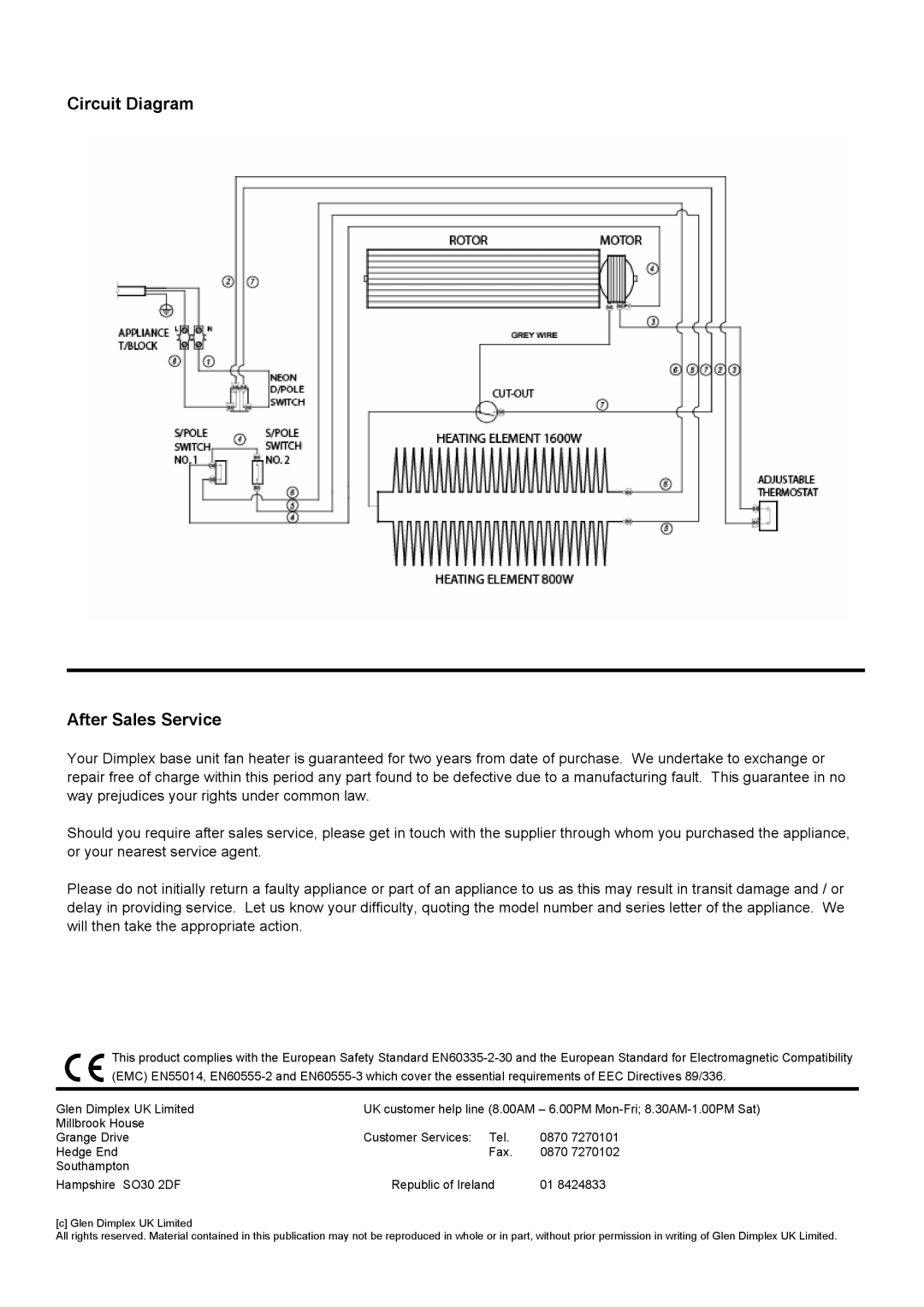 Dimplex BFH24TB, BFH24TS, BFH24T dimensions Circuit Diagram After Sales Service 