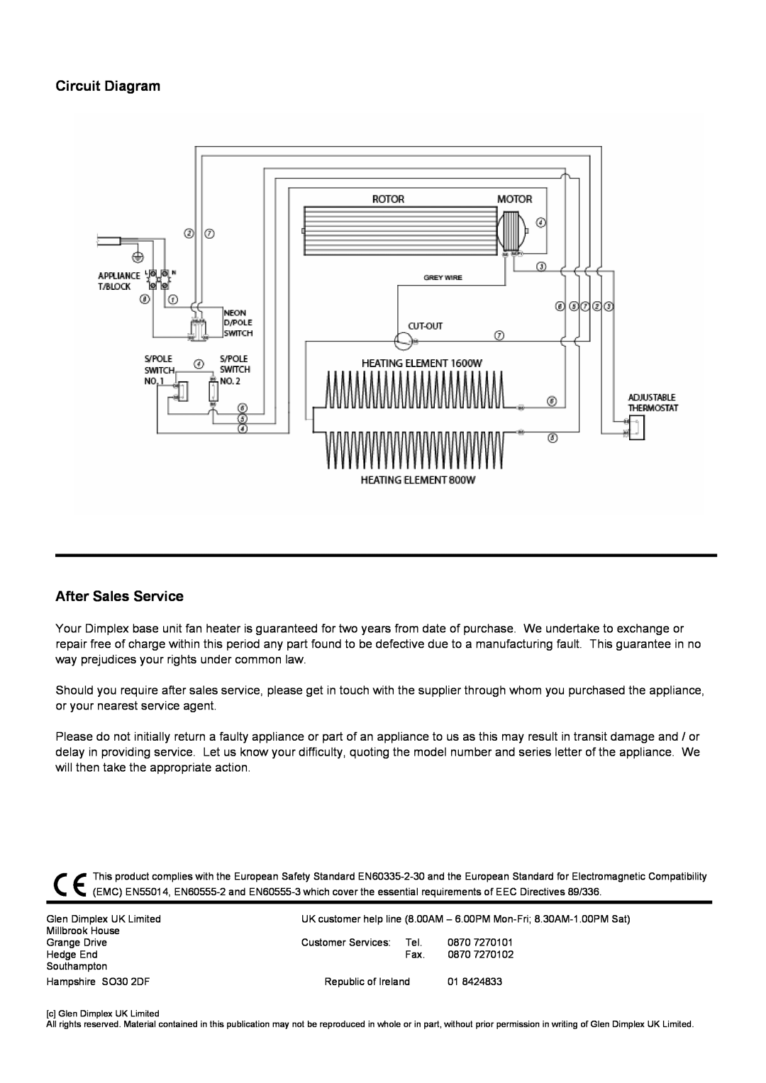 Dimplex BFH24TB, BFH24TS, BFH24T dimensions Circuit Diagram After Sales Service 