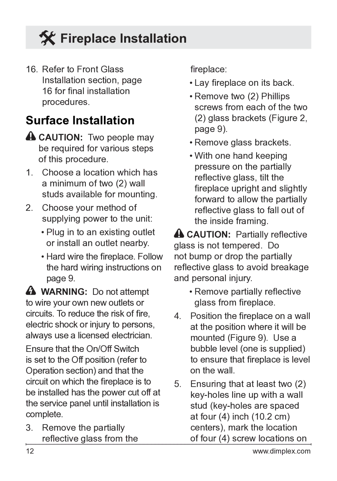 Dimplex BLF50 owner manual Surface Installation 