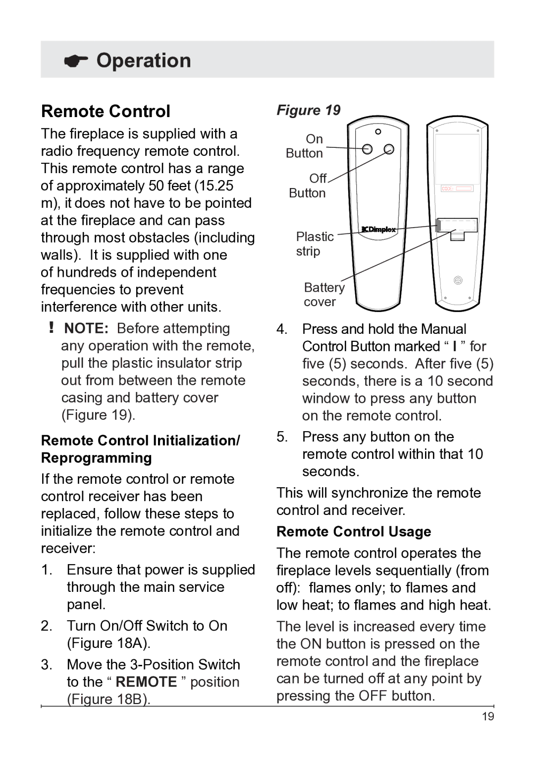 Dimplex BLF50 owner manual Remote Control Initialization/ Reprogramming, Remote Control Usage 