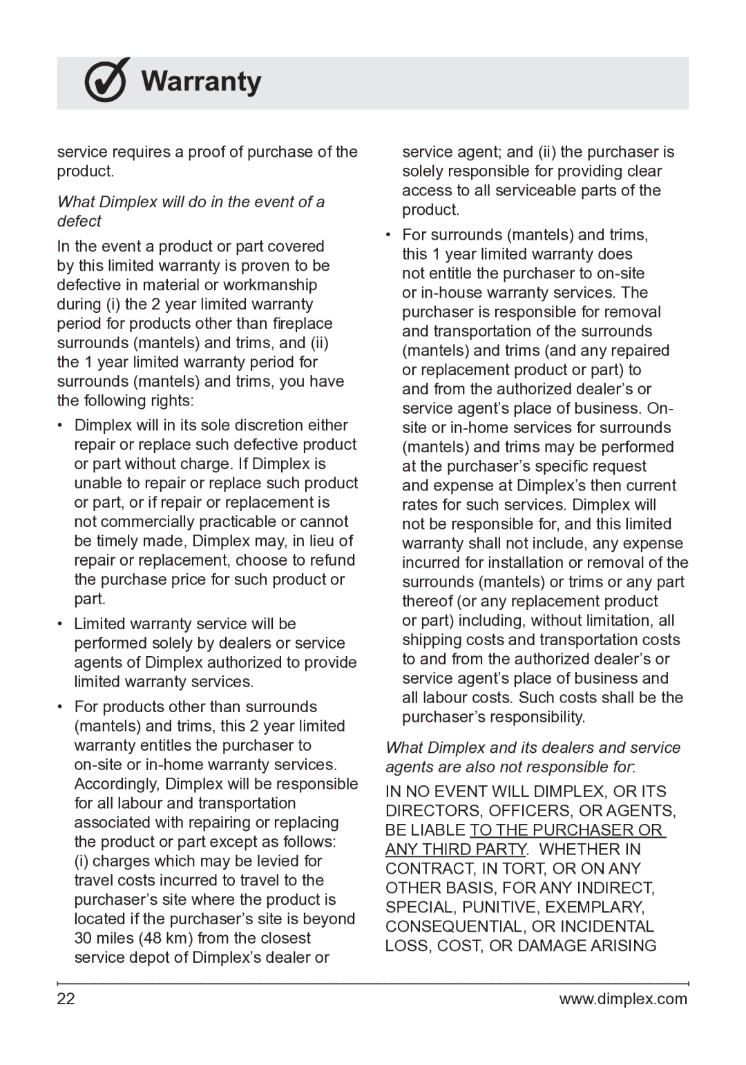 Dimplex BLF50 owner manual What Dimplex will do in the event of a defect 