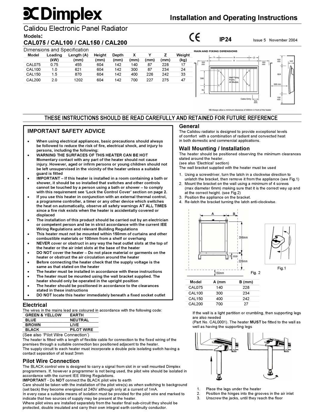 Dimplex CAL100, CAL150, CAL075, CAL200 dimensions Electrical, General, Wall Mounting / Installation, Pilot Wire Connection 