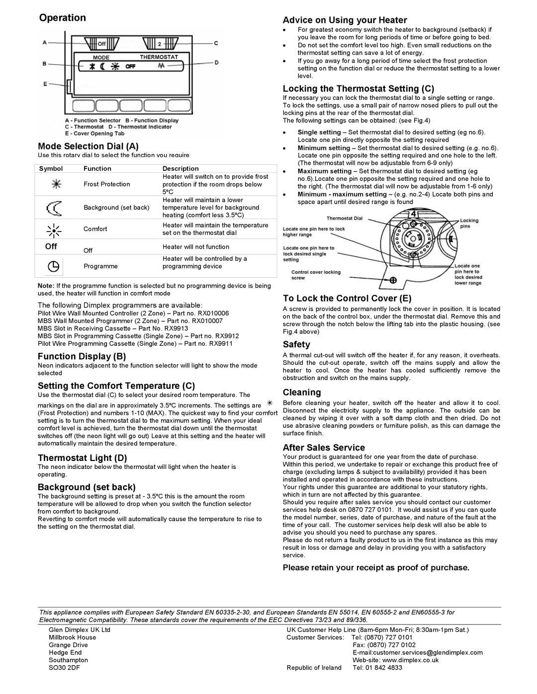 Dimplex CAL075 Mode Selection Dial a, Function Display B, Setting the Comfort Temperature C, Thermostat Light D, Safety 