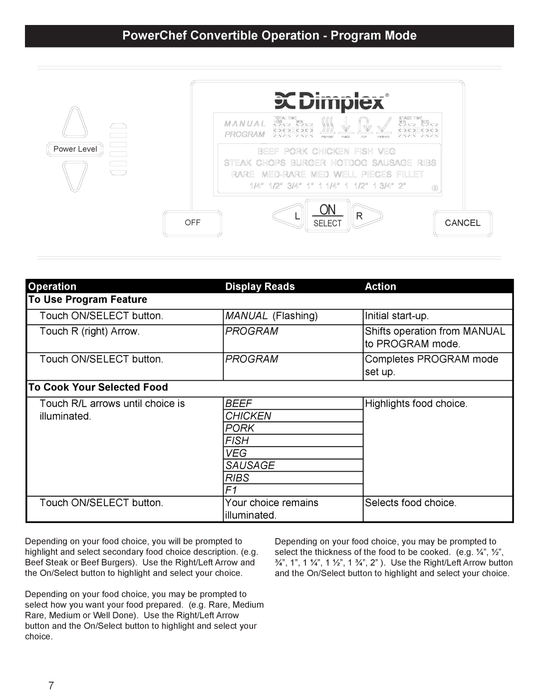 Dimplex CBQ-120-ELEM owner manual PowerChef Convertible Operation Program Mode, Operation Display Reads Action 