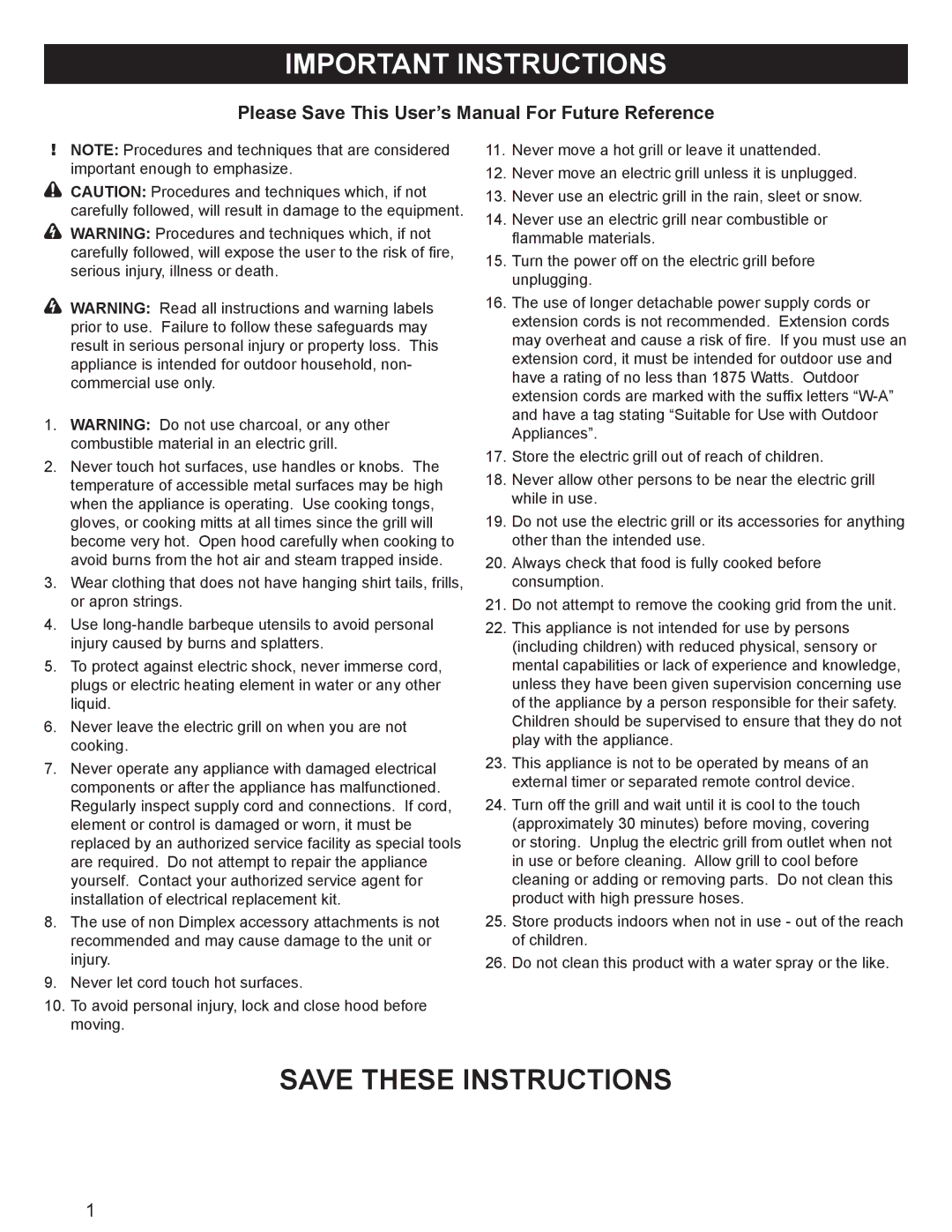 Dimplex CBQ-120-ELEM owner manual Important Instructions, Please Save This User’s Manual For Future Reference 