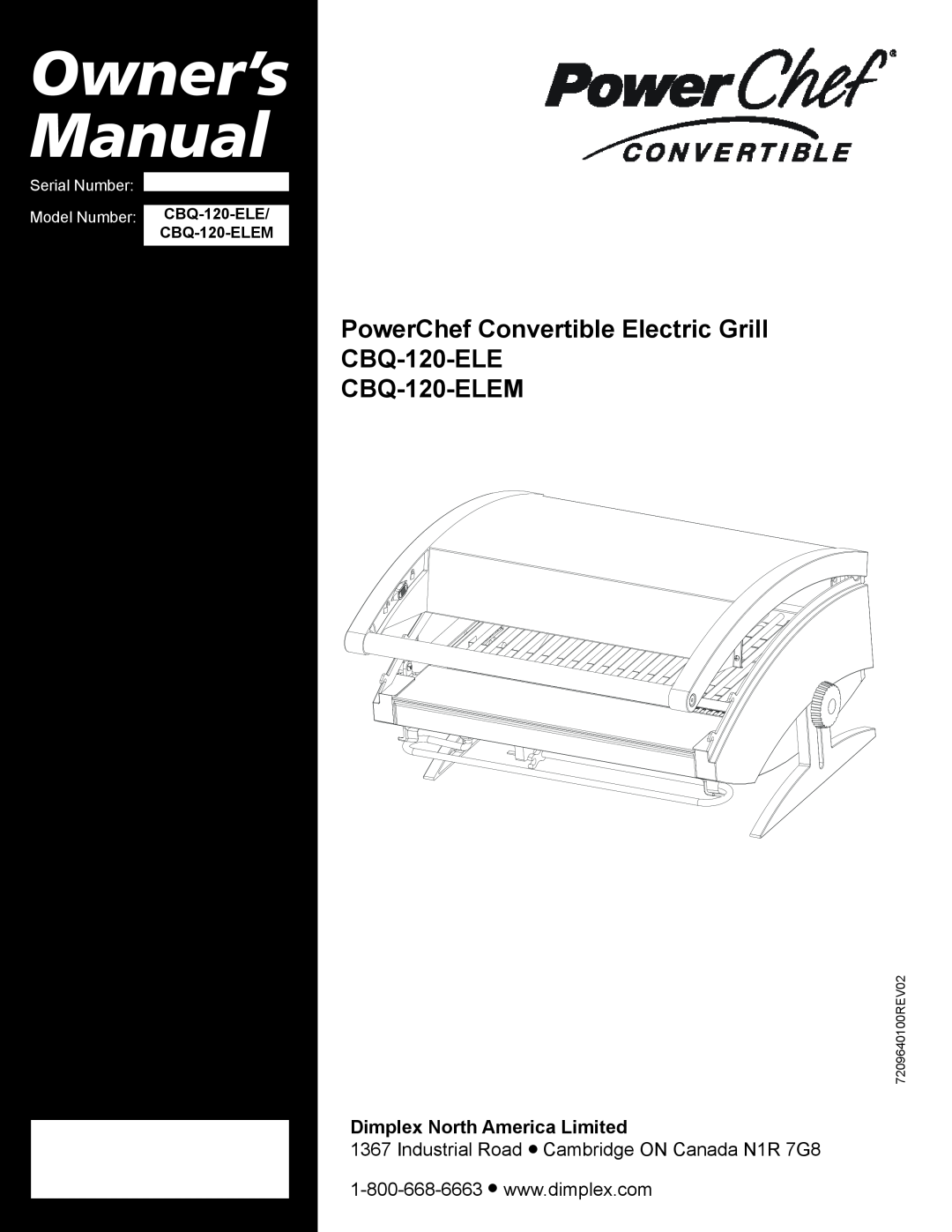 Dimplex owner manual Owner’s Manual, PowerChef Convertible Electric Grill CBQ-120-ELE CBQ-120-ELEM 