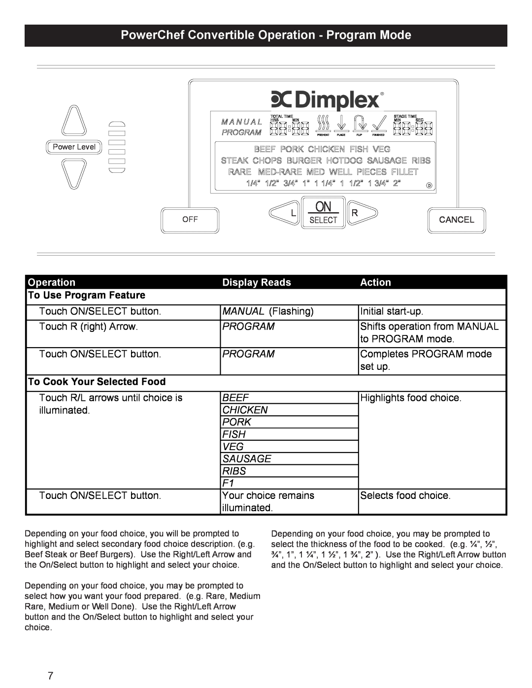Dimplex CBQ-120-ELE PowerChef Convertible Operation - Program Mode, Display Reads, Action, To Use Program Feature 