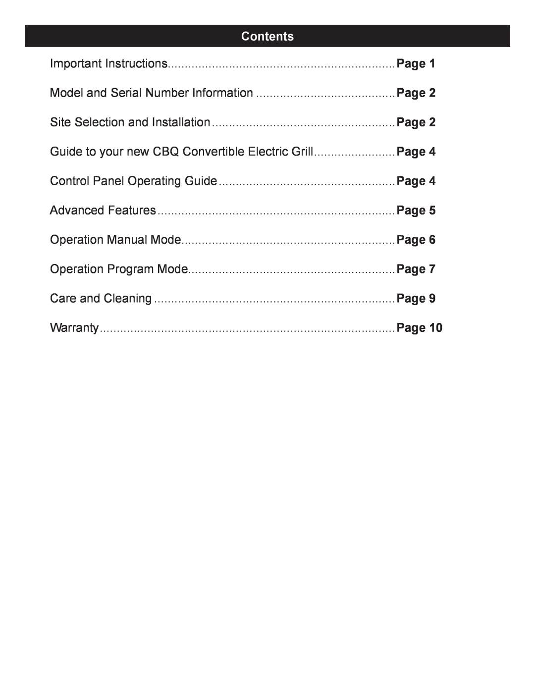 Dimplex CBQ-120-ELEM owner manual Contents, Page 