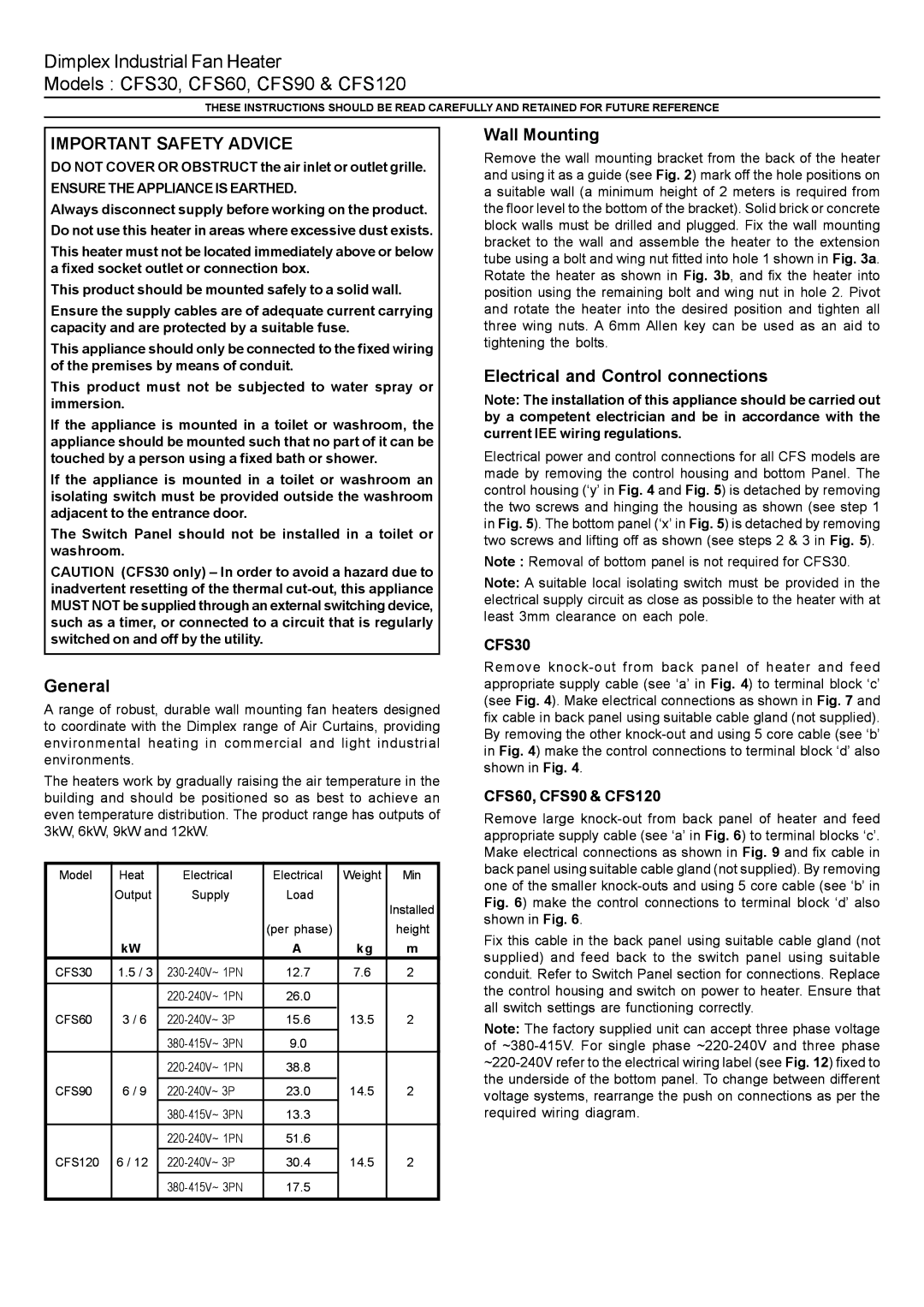 Dimplex CFS30 manual General, Wall Mounting, Electrical and Control connections, CFS60, CFS90 & CFS120 