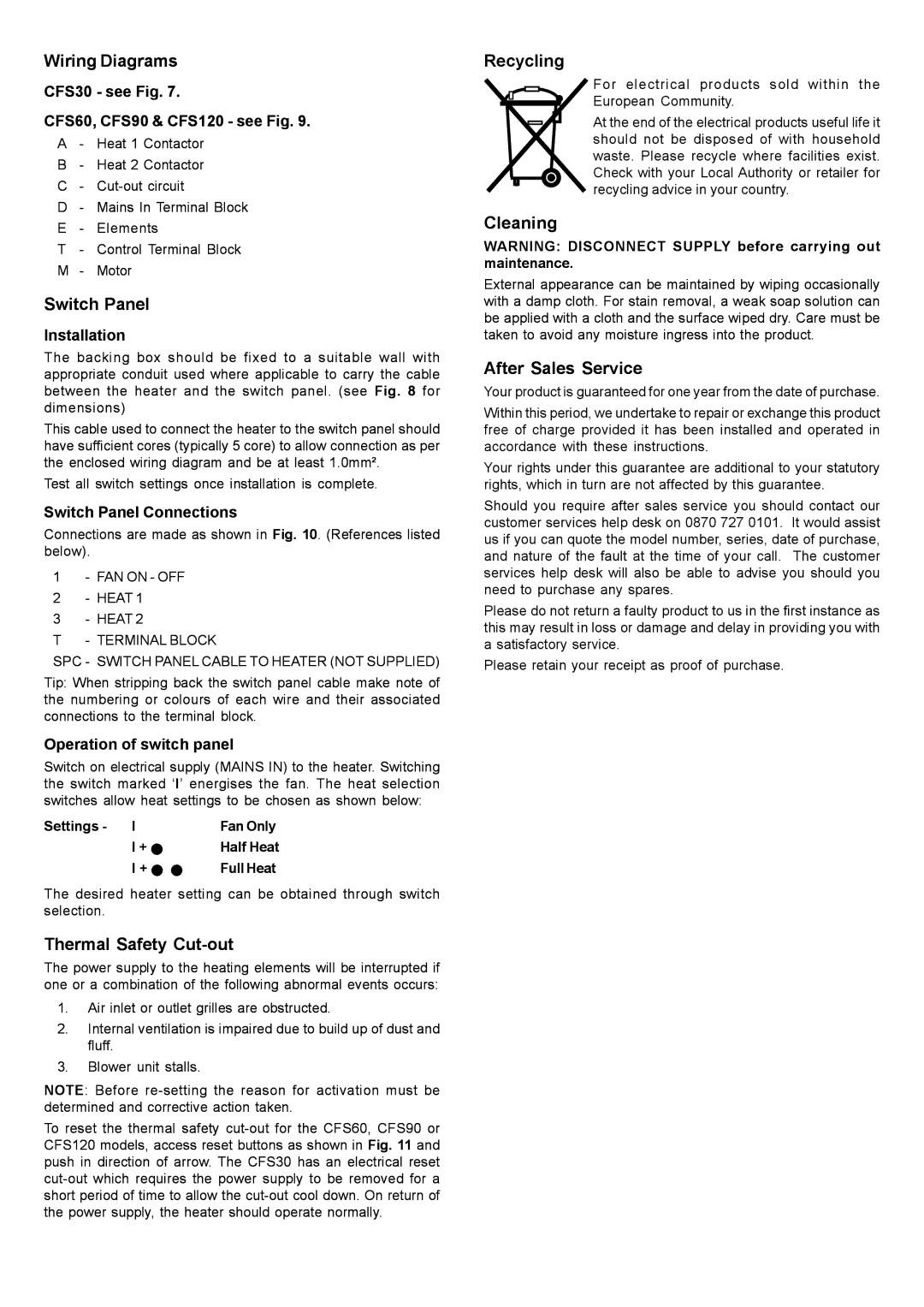 Dimplex CFS120, CFS90 manual Wiring Diagrams, Switch Panel, Thermal Safety Cut-out, Recycling, Cleaning, After Sales Service 