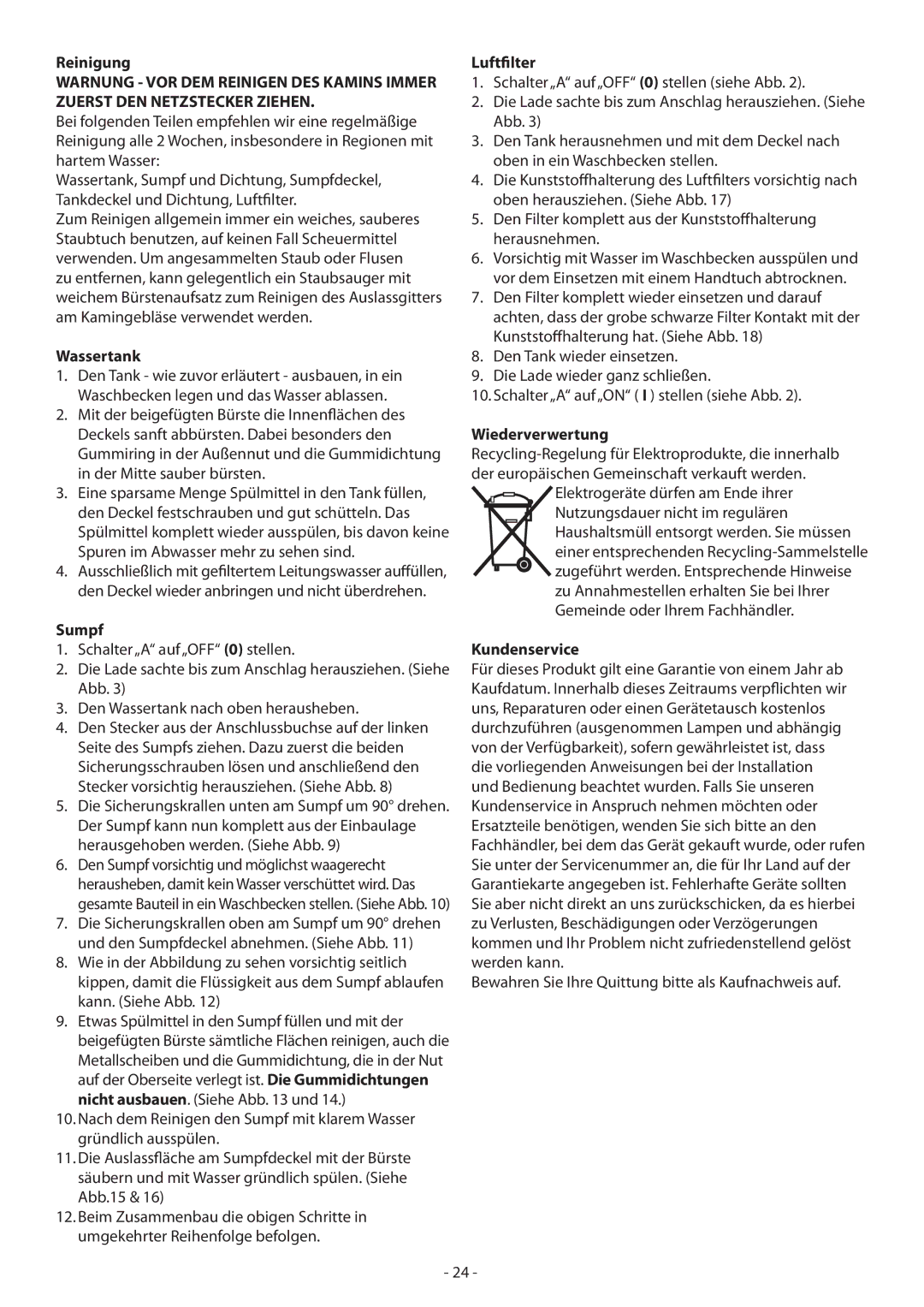 Dimplex CGn20 manual Reinigung, Wassertank, Sumpf, Luftfilter, Wiederverwertung, Kundenservice 