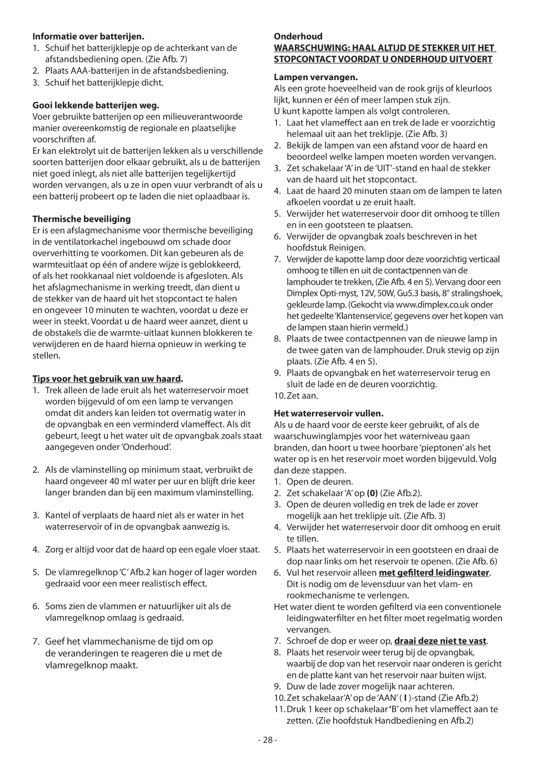 Dimplex CGn20 manual Informatie over batterijen, Gooi lekkende batterijen weg, Thermische beveiliging, Onderhoud 